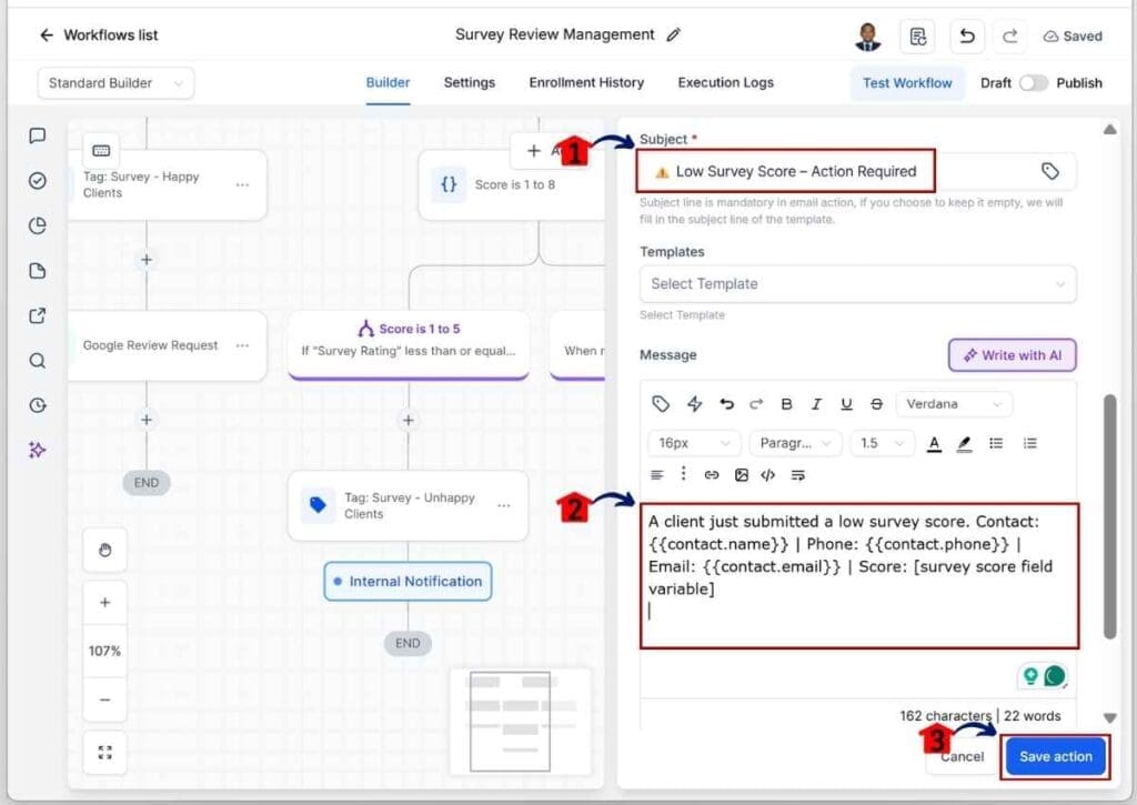 Customer Review Automation - Enter the Subject and Notification Message Before Saving the Action Element
