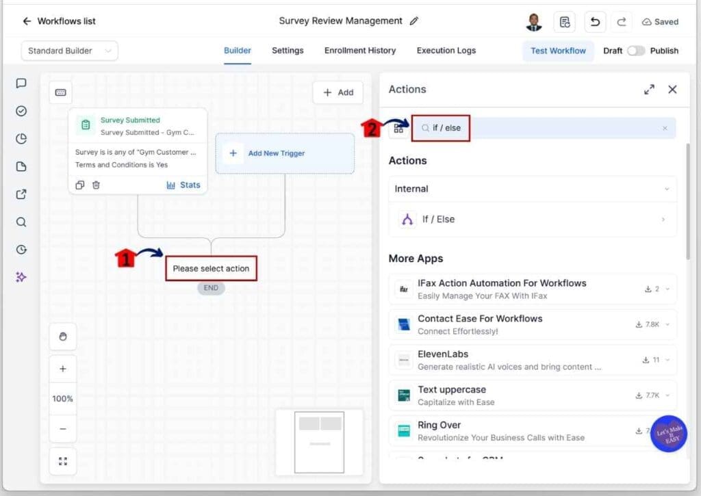 Customer Review Automation - Add the If / Else Action Element as the First Element