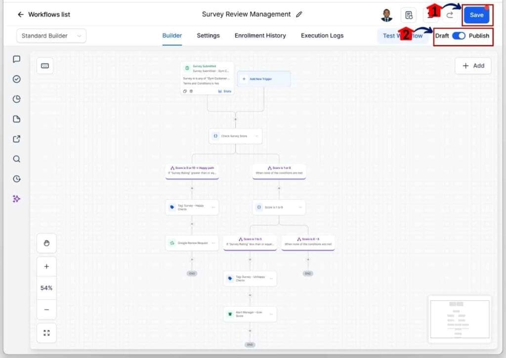 GoHighLevel Customer Review Automation - Publish and Save Your Workflow