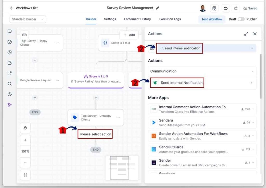 GHL Customer Review Automation - Search for and Add the Send Internal Notification Element