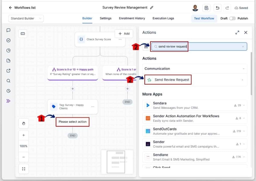 GHL Customer Review Automation - Search for and Add the Send Review Request Element