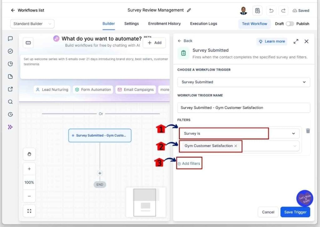 GHL Customer Review Automation - Add a Survey to the First Filter Before Adding Another Filter