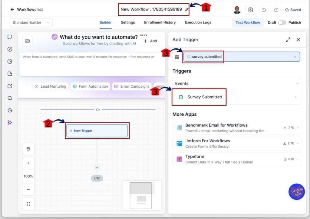 GoHighLevel Customer Review Automation - Set the Survey Submitted Trigger After Renaming Your Workflow