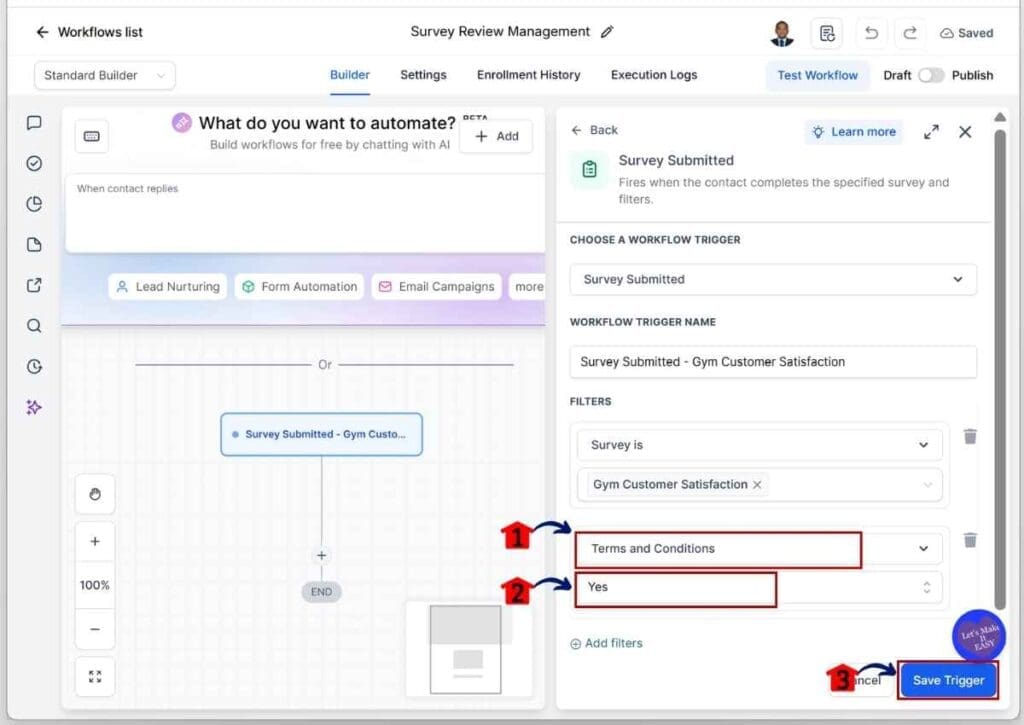GoHighLevel Customer Review Automation - Filter the Terms and Conditions Setting for the Selected Survey