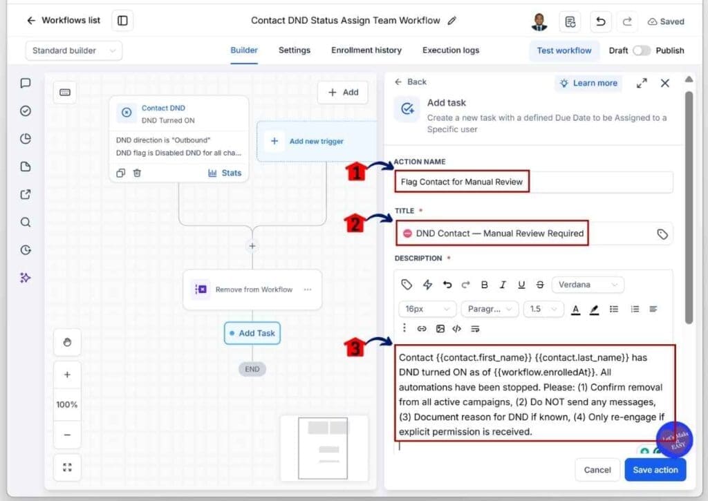ghl-dnd-contact-workflow-title-instructions GoHighLevel DND Contact Workflow - Rename the Element and Add the Task Title and Instructions