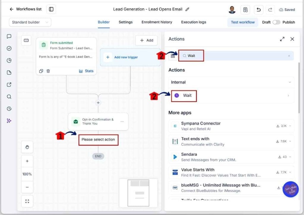 GoHighLevel Email Open Automation - Search for and Add the Wait Action Element