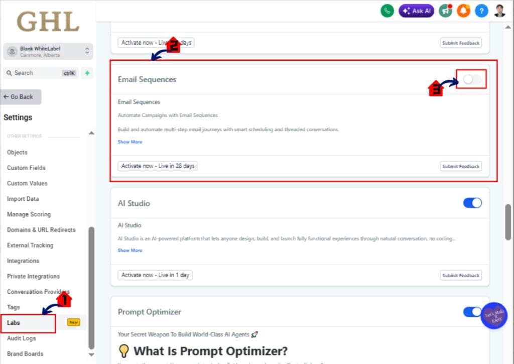 GoHighLevel Email Sequences Enable Email Sequences in Beta Labs
