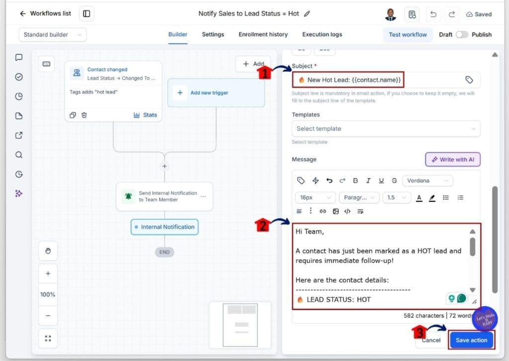 ghl-lead-alert-automation-send-internal-email-save Lead Alert Automation - Add the Email Subject and Message
