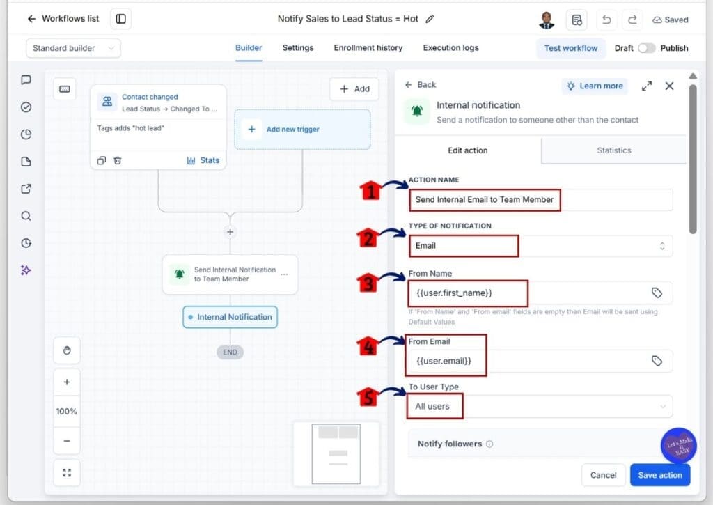 ghl-lead-alert-automation-send-internal-email-settings GoHighLevel Lead Alert Automation - Configure the Send Internal Notification Email Settings Before Saving