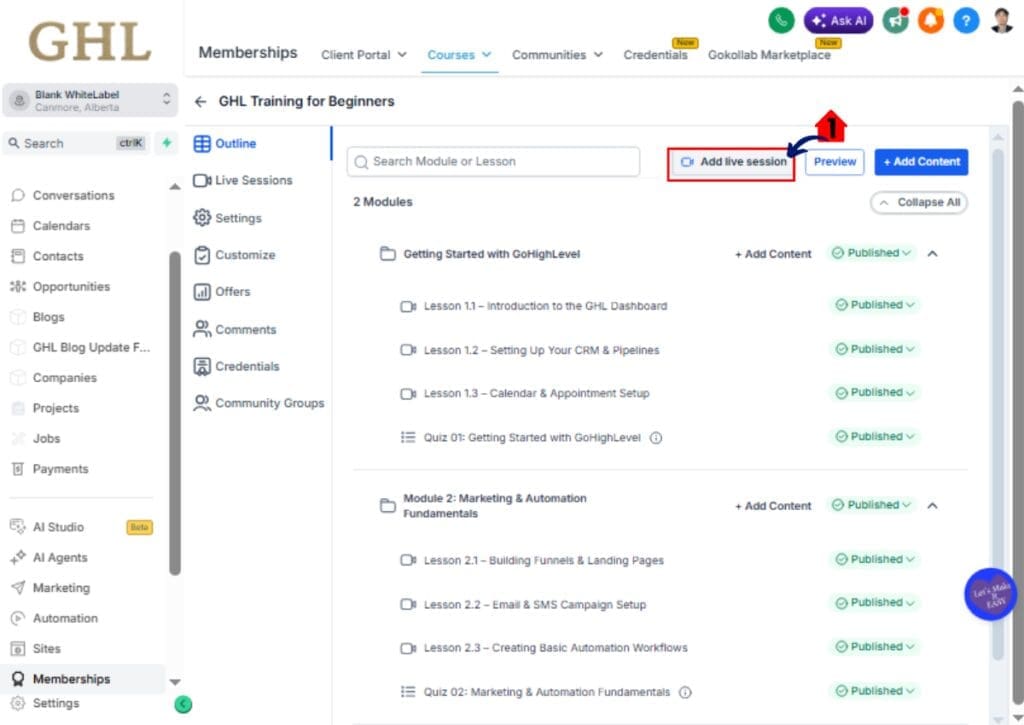 GoHighLevel Live Course Sessions – Add Live Session to Course Outline