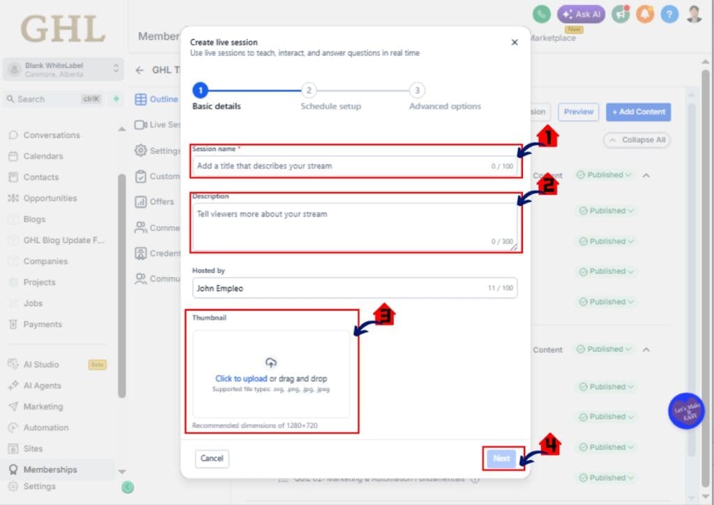 Live Course Sessions setup in GoHighLevel – Configure schedule and session details
