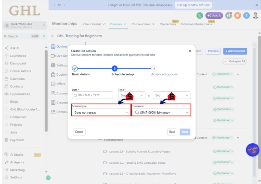 GHL Live Course Sessions – Edit recurring session settings