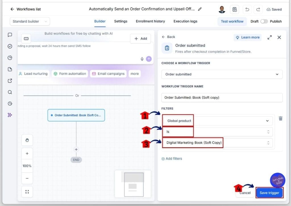 GHL Post Purchase Automation - Set Your Global Product Filter Before Saving the Trigger