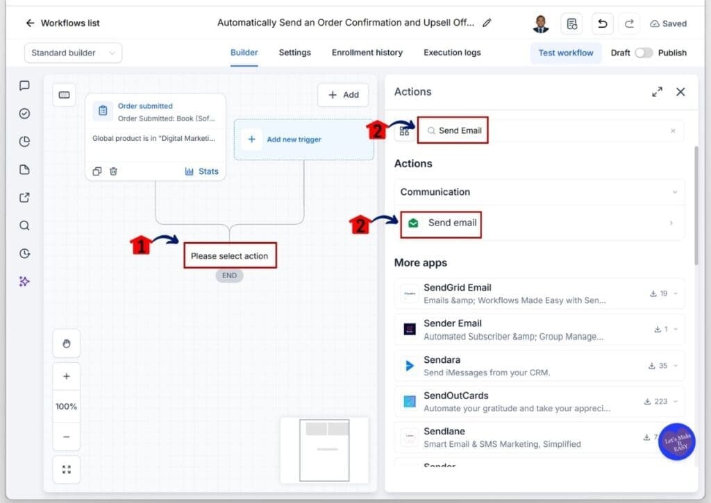 GoHighLevel Post Purchase Automation - Search for and Add the Send Email Action Element
