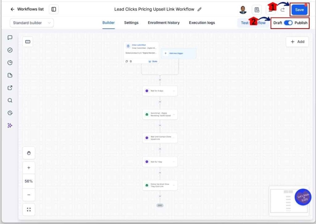GoHighLevel Upsell Email Automation - Publish and Save Your Workflow