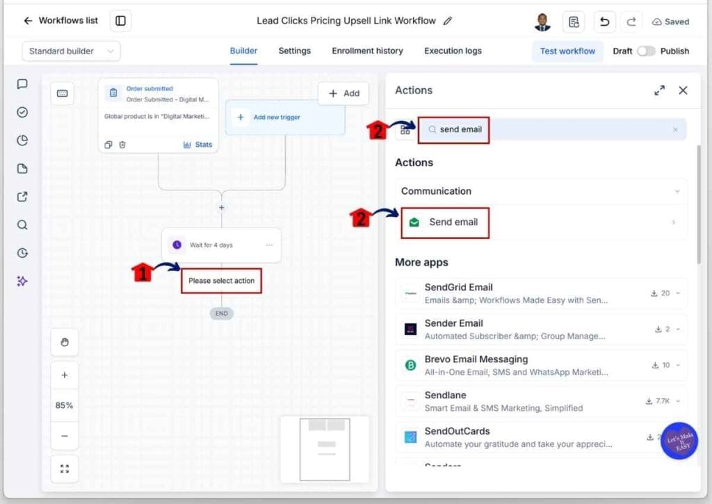 GHL Upsell Email Automation - Search for and Add the Send Email Action