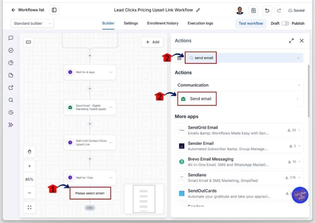 GoHighLevel Upsell Email Automation - Search for and Add Another Send Email Action