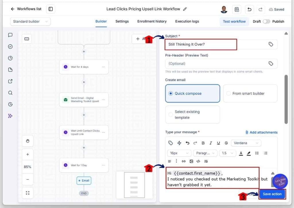 GHL Upsell Email Automation - Add the Follow-up Upsell Email Subject Line and Body