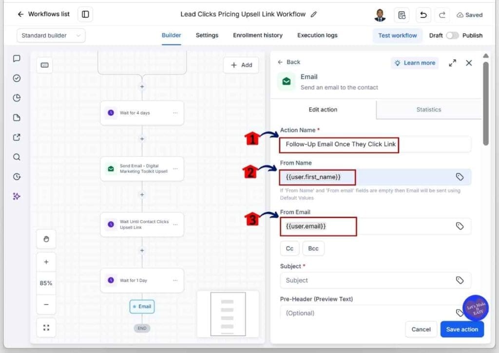 Upsell Email Automation - Set the Sender Details and Subject Line