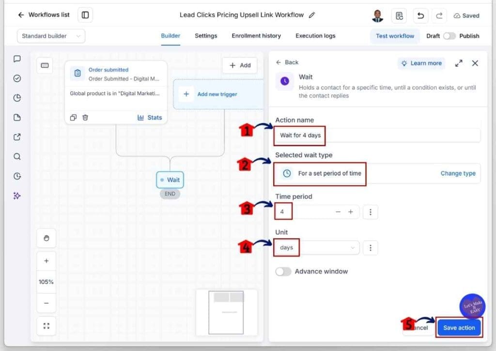 Upsell Email Automation - Rename the Wait Action and Set the Wait Time