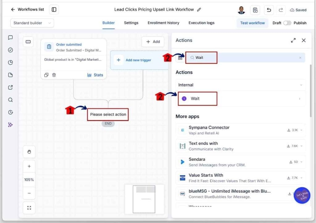 GoHighLevel Upsell Email Automation - Search for and Add a Wait Action