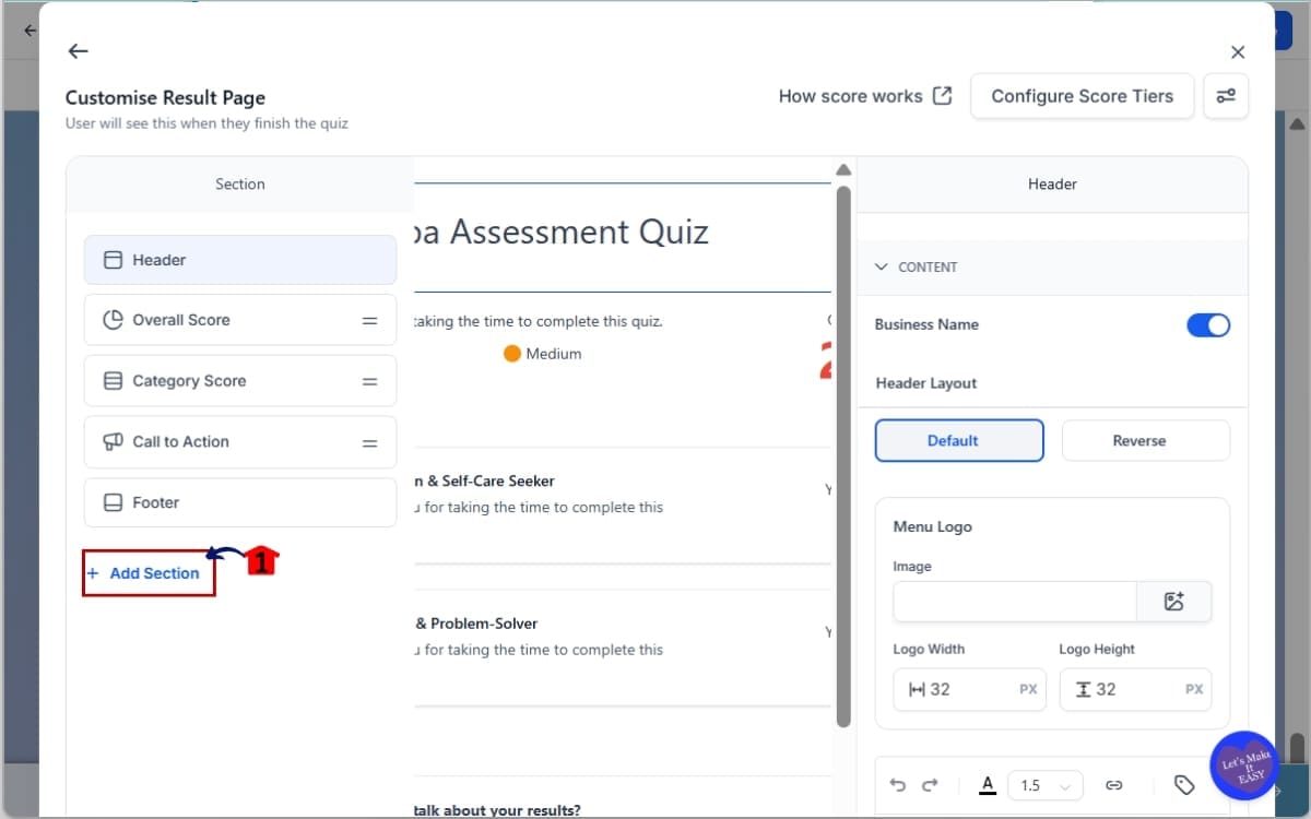 GHL Personality Quiz Results
 - Add Section in Result Page Editor