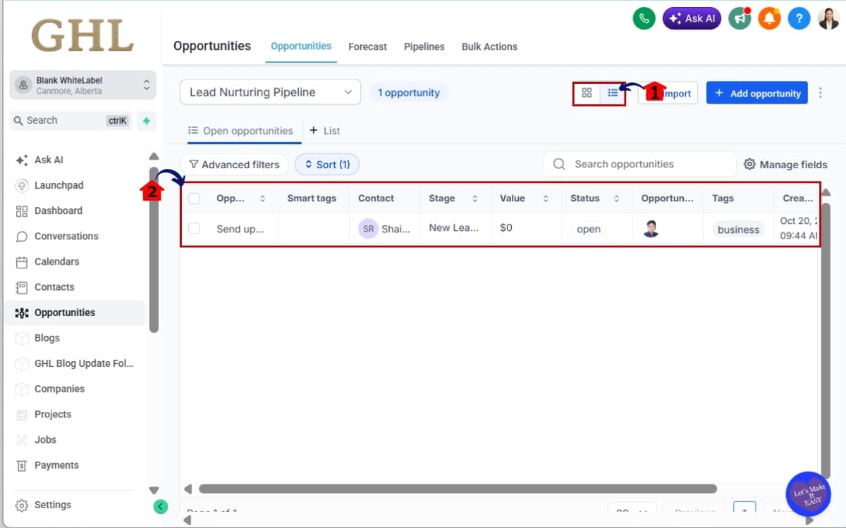 Sales Pipeline Management
 - Switch to List View in Pipeline