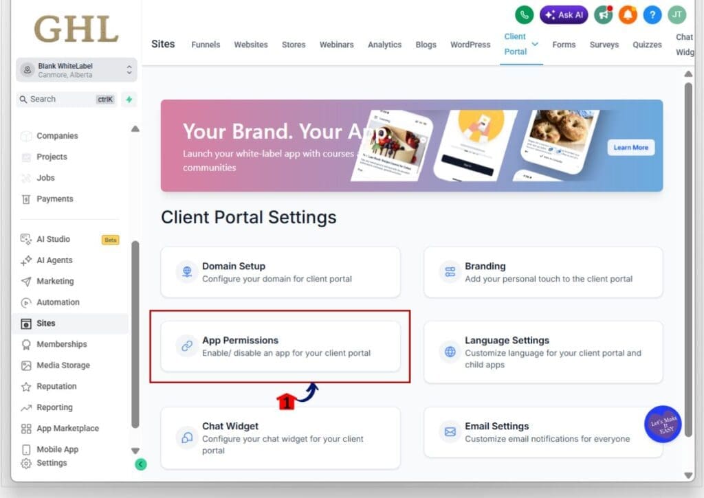 ghl client portal login - app permissions