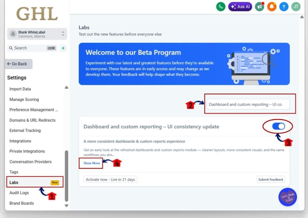 ghl dashboard reports - labs