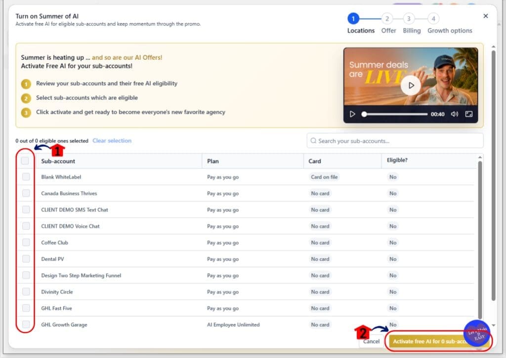 ghl-ai-for-solopreneurs-summer-of-ai-2 Choose the Sub-Accounts for the Summer of AI Promo