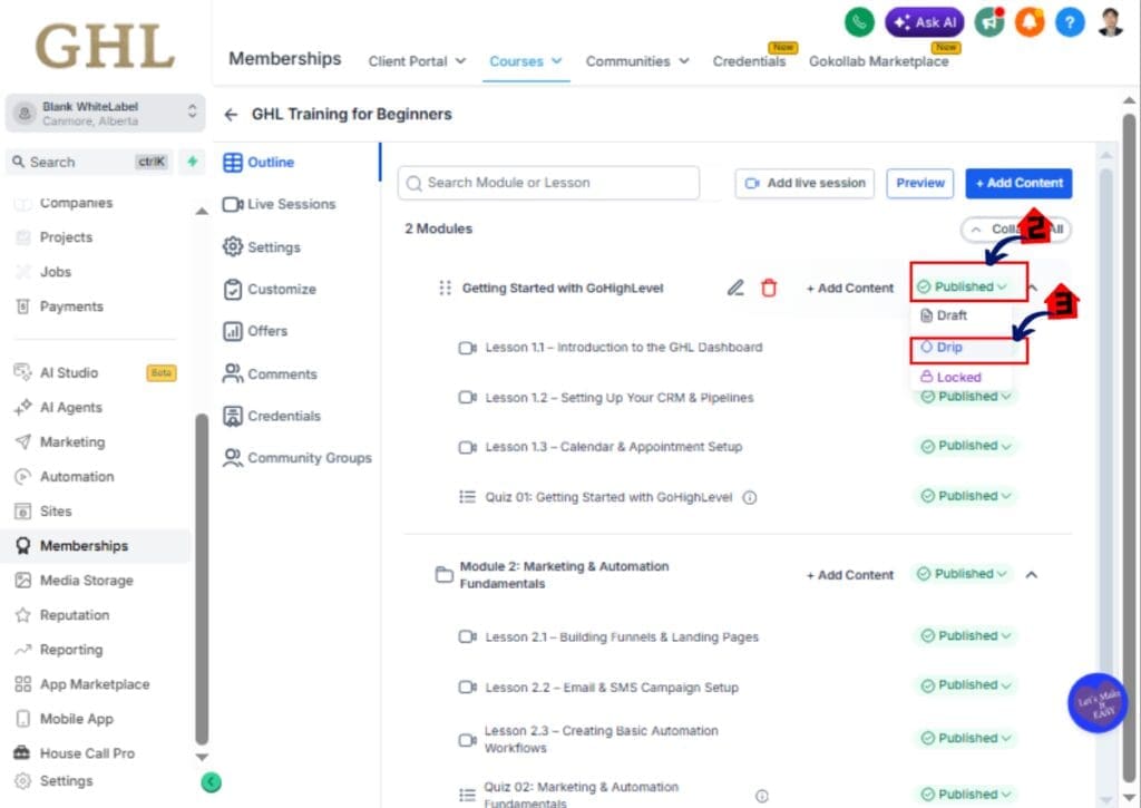 ghl-course-improvement-05 GoHighLevel Course Progress – Configure Drip Hours
