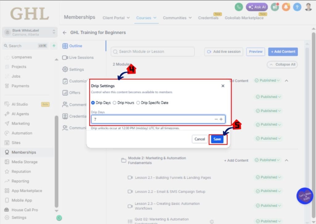 ghl-course-improvement-06 GoHighLevel Course Progress – Configure Drip Hours