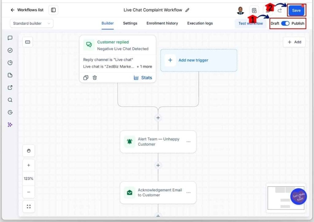 ghl-customer-complaint-automation-publish-save GHL Customer Complaint Automation - Publish and Save the Workflow