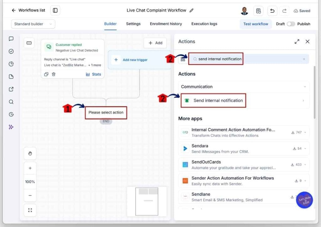 ghl-customer-complaint-automation-send-internal-notification Customer Complaint Automation - Add the Send Internal Notification Action