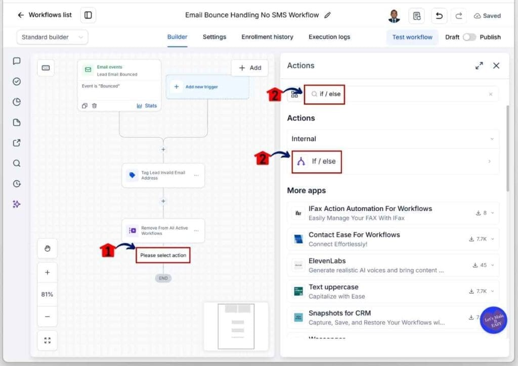 Invalid Email Leads - Search for and Add the If / Else Action Element