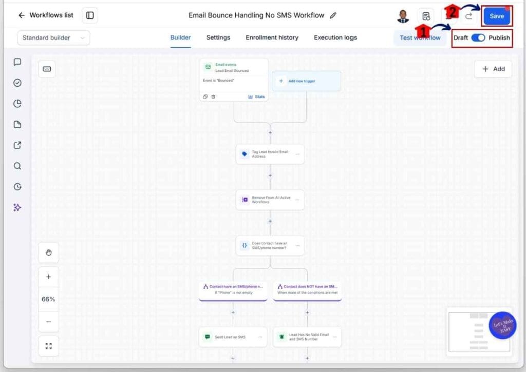 GoHighLevel Invalid Email Leads - Publish and Save Your Workflow