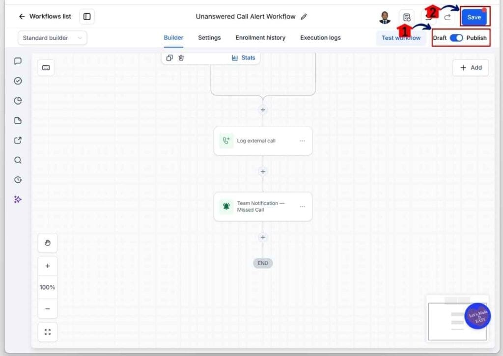 GoHighLevel Missed Calls Automation - Publish and Save the Workflow
