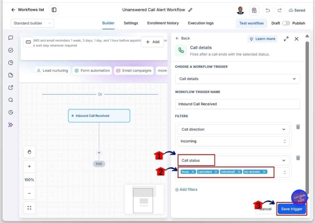 GHL Missed Calls Automation - Set the Missed Call Status Filters