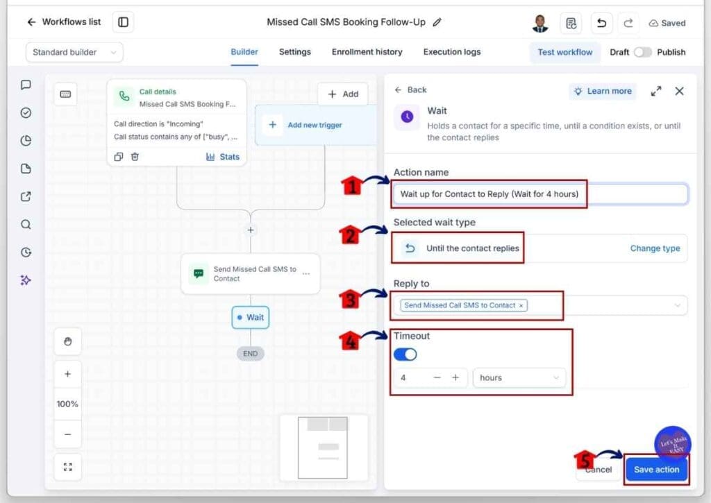ghl-missed-caller-sms-contact-replies GoHighLevel Missed Caller SMS - Set the Wait Type and Timeout