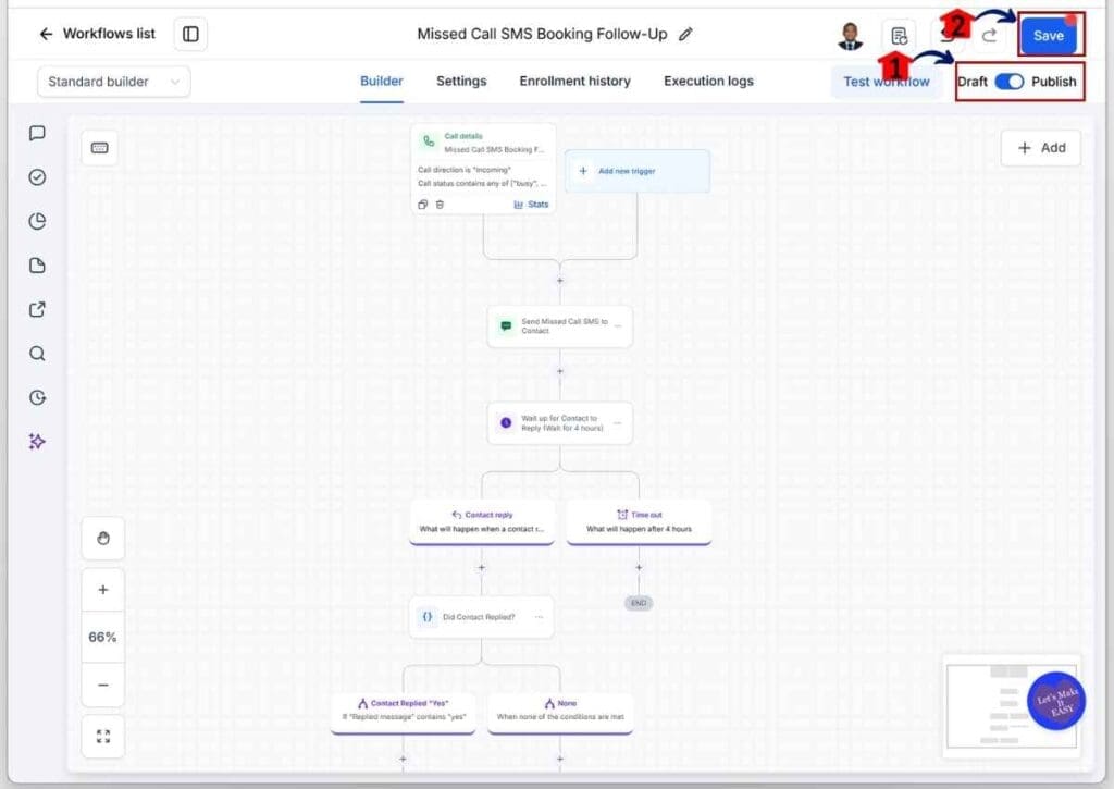 ghl-missed-caller-sms-publish-save GHL Missed Caller SMS - Publish and Save the Workflow