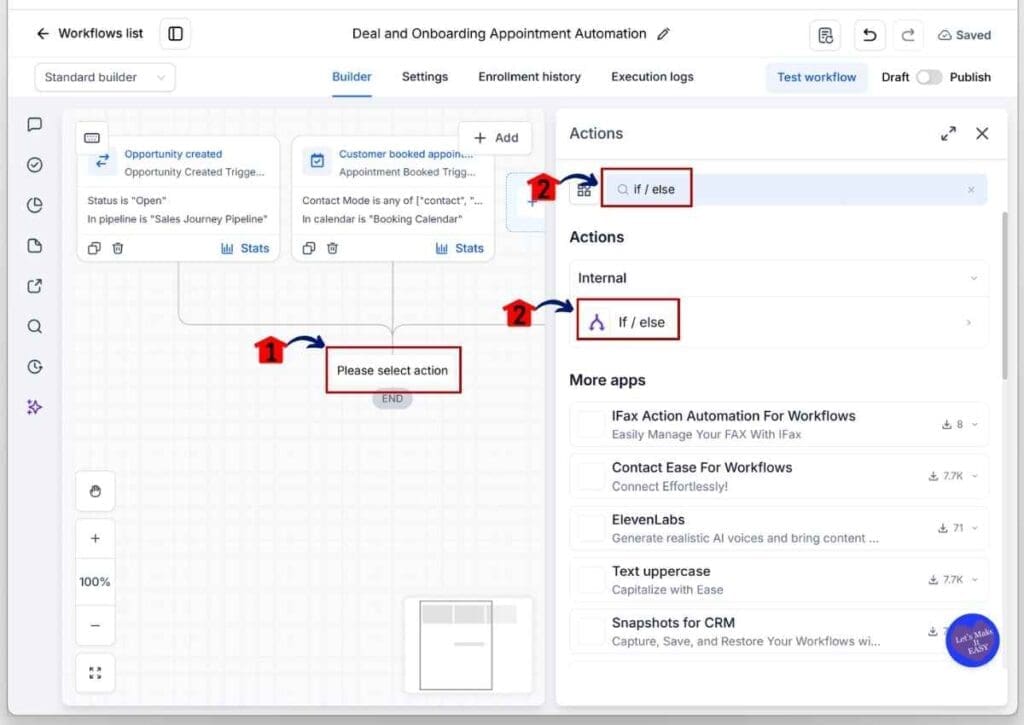 ghl-onboarding-calendar-link-if-else Onboarding Calendar Link - Add the If / Else Action Element.