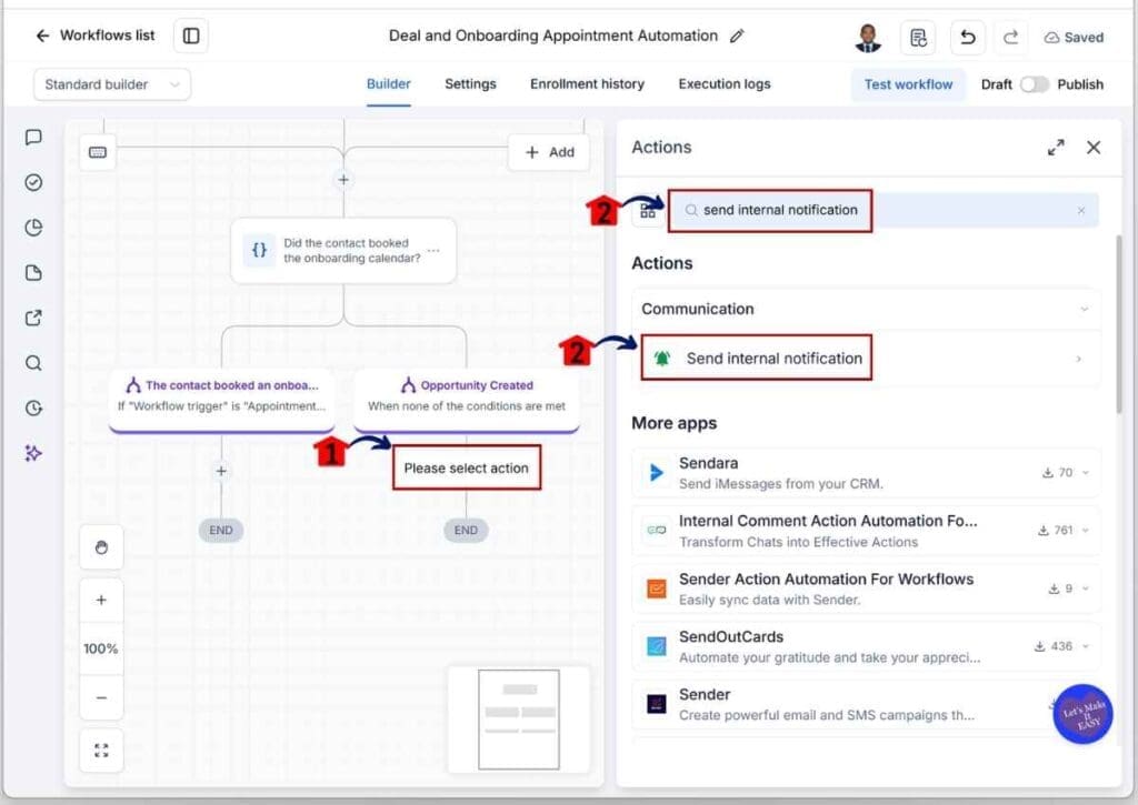 ghl-onboarding-calendar-link-notification-team GoHighLevel Onboarding Calendar Link - Add an Internal Notification to the Opportunity Branch.