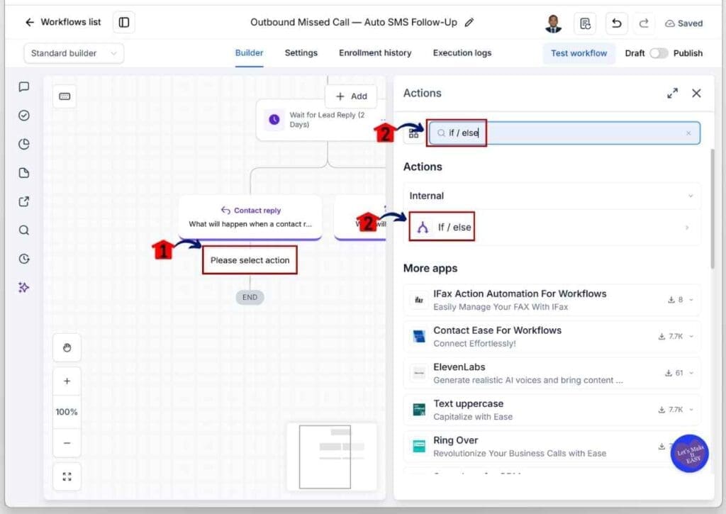 ghl-sms-callback-workflow-if-else SMS Callback Workflow - Add an If / Else Action