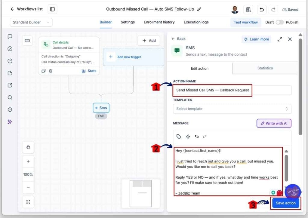 ghl-sms-callback-workflow-message SMS Callback Workflow - Add the Callback Request Message