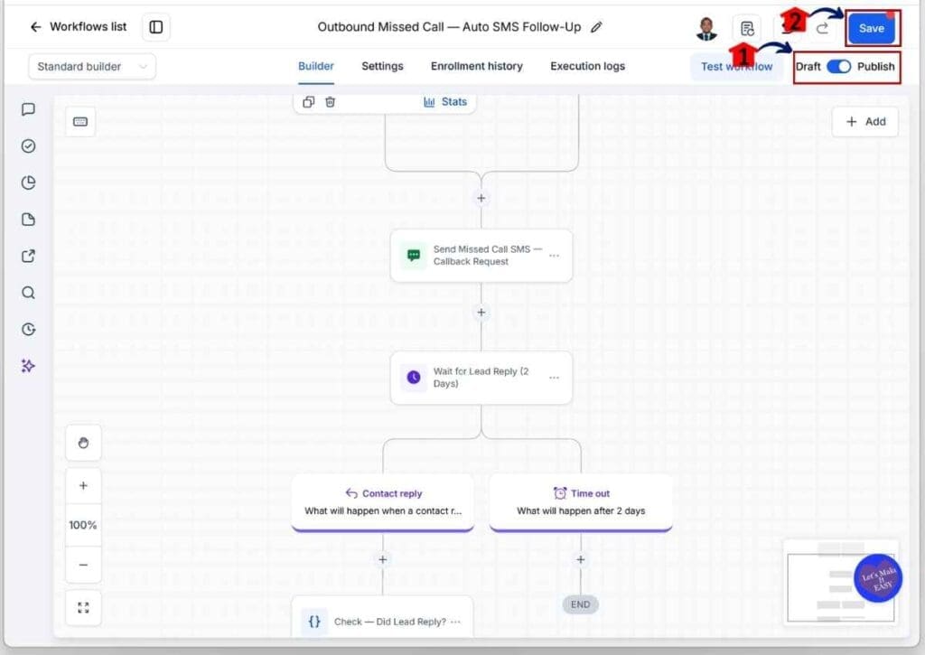 ghl-sms-callback-workflow-publish-save GHL SMS Callback Workflow - Publish and Save the Workflow