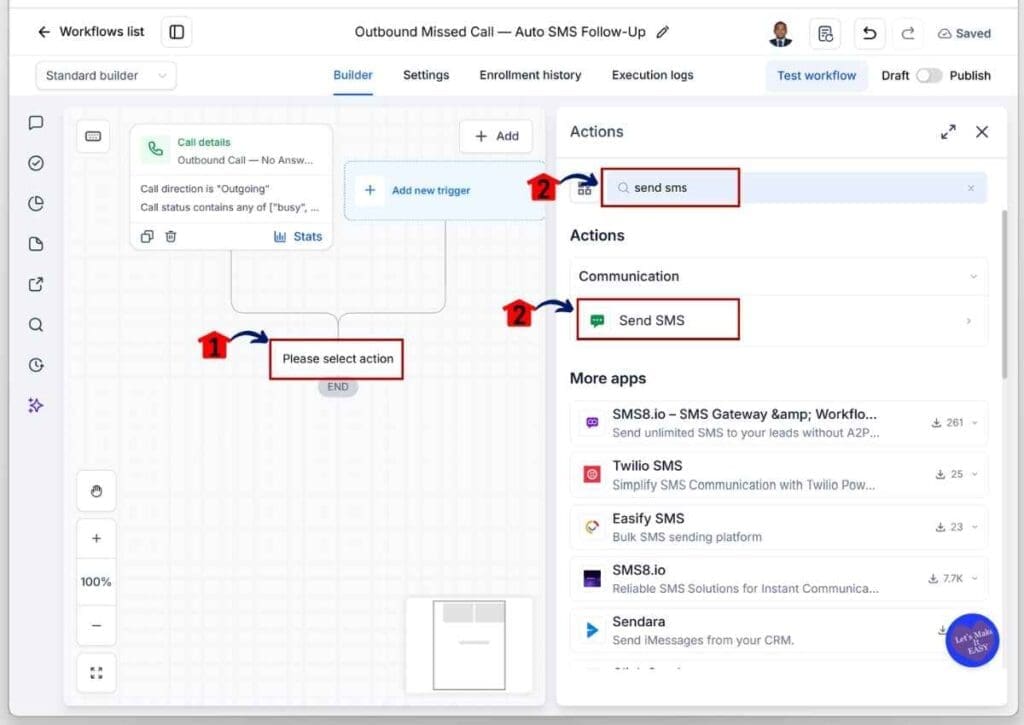 ghl-sms-callback-workflow-send-sms GoHighLevel SMS Callback Workflow - Add the First Send SMS Action