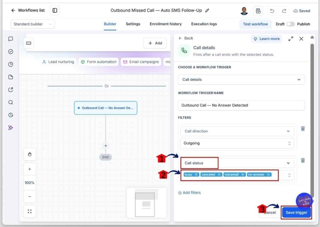 ghl-sms-callback-workflow-status GHL SMS Callback Workflow - Set the Missed Call Status Filters