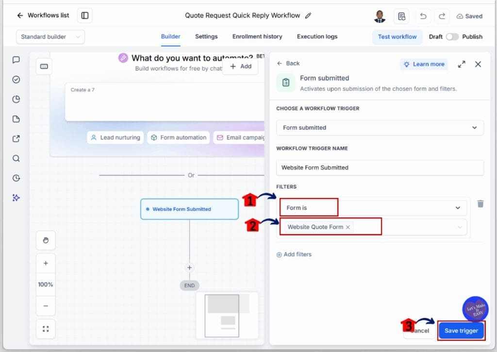 ghl-sms-quote-automation-form-save SMS Quote Automation - Select the Quote Form and Save the Trigger