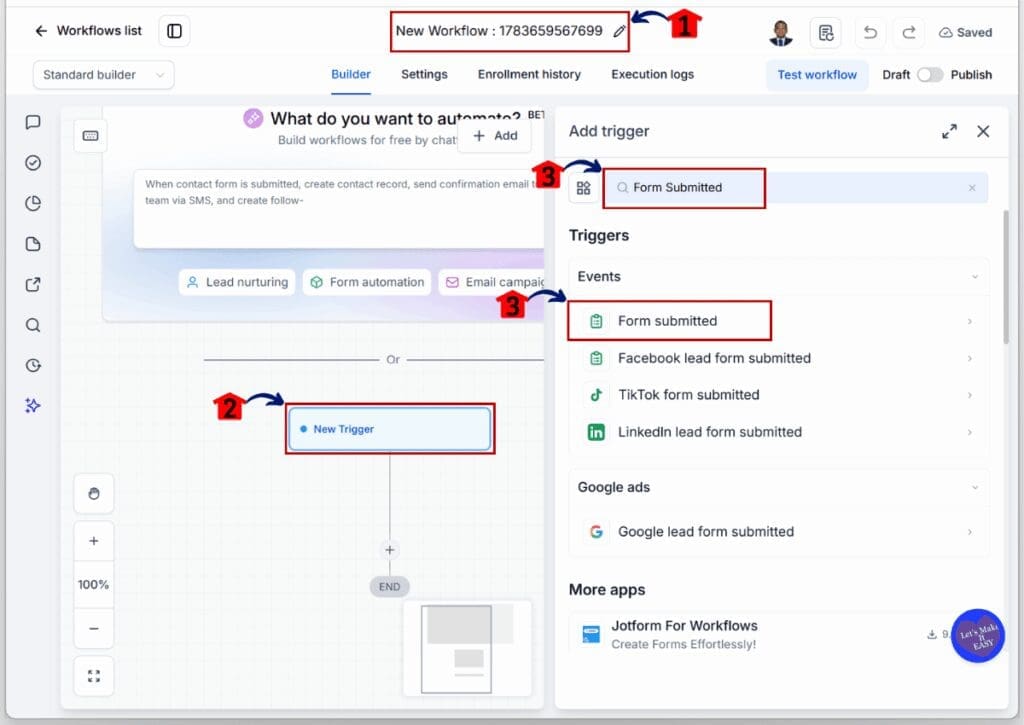 ghl-sms-quote-automation-form-submitted GHL SMS Quote Automation - Rename the Workflow and Add the Form Trigger