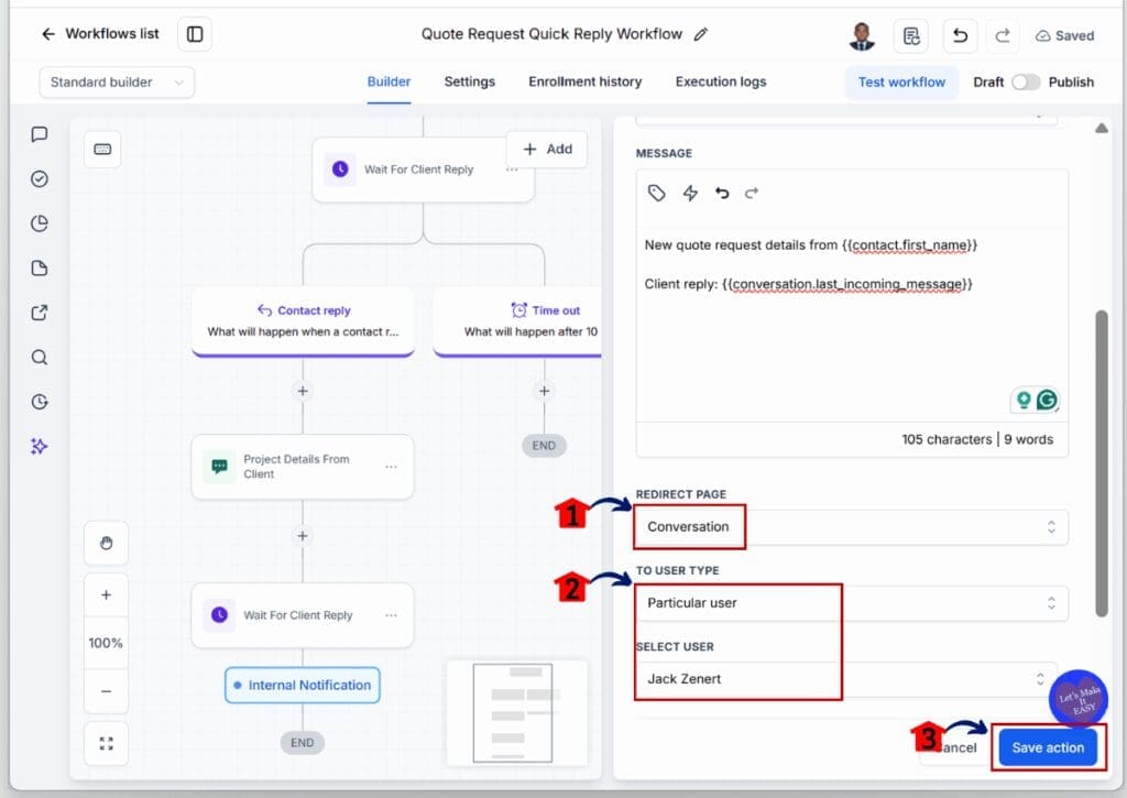 ghl-sms-quote-automation-send-assignee GoHighLevel SMS Quote Automation - Set the Redirect and Team Assignee